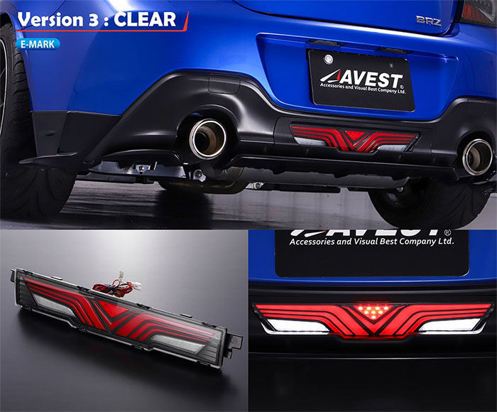 AVEST フルLEDバックフォグ Ver.3 クリアタイプ 消灯・点灯・製品単体イメージ