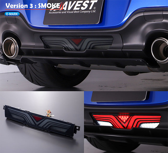 AVEST フルLEDバックフォグ Ver.3 スモークタイプ 消灯・点灯・製品単体イメージ